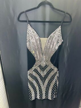 Black Beaded Bodycon Dress with Silver Embellishment